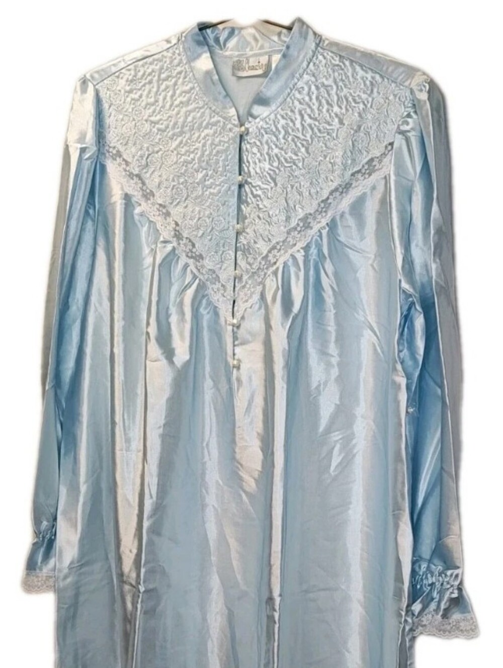 Vintage Granny Lacey Pearls Satin Long Nightgown L Baby Blue Floral Embroidered